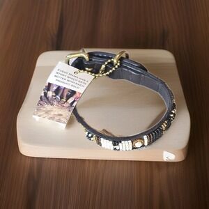 Beaded Leather Dog Collar Africa Maasai Brown/Gold Size  10 Inch Narrow